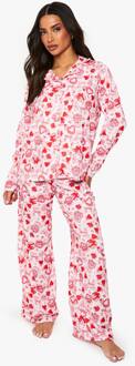 Petite Mixed Bow & Heart Print Langmouwig Overhemd & Broek Pajamaset, Cream - 36