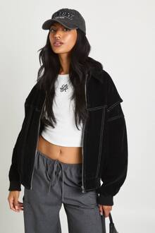 Petite Nep Suède Bomberjack Met Contrasterende Stiksels, Black - 40