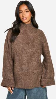 Petite Oversized Gebreide Trui Met Hoge Kraag, Mocha - S