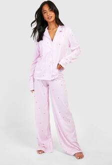 Petite Pennenstreep Hartprint Lange Mouw Overhemd Met Broek Pajamaset, Pink - 40