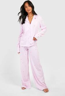Petite Pinstripe Heart Print Lang Mouw Overhemd & Broeken-Pyjama Set, Pink - 36