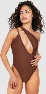 Petite Plunge One Shoulder Bathing Suit, Chocolate - 12
