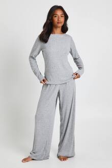 Petite Pointelle Lange Mouwen Top En Pajamaset Met Wijde Pijpen, Grey Marl - 34