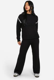 Petite Premium Dikke Gebreide Set Met Contrasterende Accenten Voor Trui En Broek, Black - L