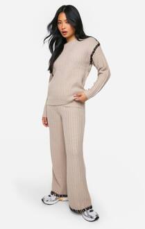 Petite Premium Zware Met Contrast Afwerking Gebreide Sweater En Broek Set, Taupe - L