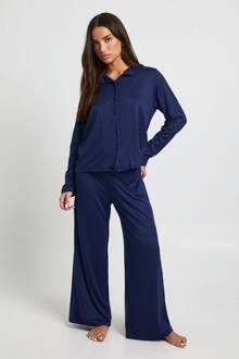 Petite Pyjama Set Met Lange Mouw Overhemd En Broek, Navy - 44