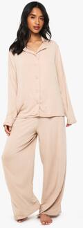 Petite Pyjama Set Met Langmouwen Overhemd & Broek, Stone - 42