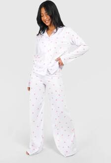 Petite Pyjama Set Met Strikprint, Lange Mouwen Overhemd & Broek, White - 40