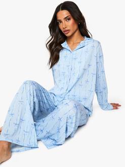 Petite Pyjama Set Met Strikprint: Langmouwen Shirt & Broek, Blue - 42