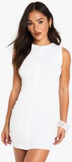 Petite Rib Button Down Shift Jurk, White - 40