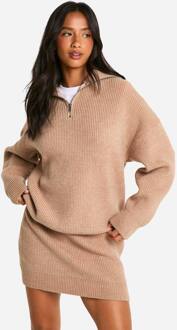 Petite Ribgebreide Halfzip Trui En Minirok Co-Ord, Sand - L