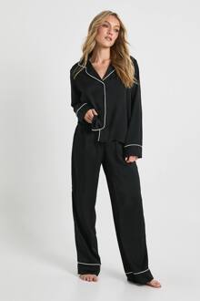 Petite Satijn Pijpdetail Lange Mouwen Overhemd & Broek Pajamaset, Black - 40