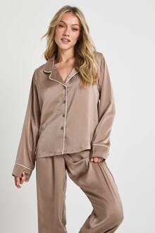 Petite Satijn Piping Detail Lange Mouwen Overhemd & Broek Pyjama Set, Mocha - 42