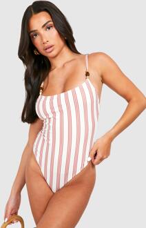 Petite Stripe Print Strap Detail Bathing Suit, Ecru - 6