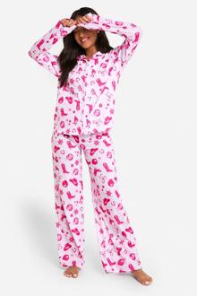 Petite Western Print Langarm Shirt & Broek Pyjama Set, Pink - 38
