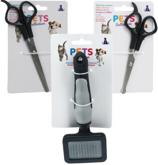 Pets Collection huisdieren knipscharen set - vacht/oren/neus - kat/hond - 18 cm - met vachtborstel