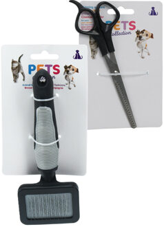 Pets Collection huisdieren vacht verzorg set - borstel en knipschaar - kat/hond - 18 cm