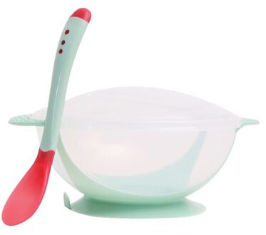 Peuter Baby Kids Kind Voeden Deksel Training Kom met Lepel Cartoon Binaural Babyvoeding Servies Kinderen Plaat Sucker Kom groen