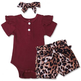 Peuter Baby Meisjes Korte Mouwen Effen Romper + Leopord Print Shorts Outfits Set Baby Meisje Kleding Одежда Для Новорожденных # guahao 6m
