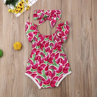 Peuter Baby Meisjes Romper Watermeloen Print Ruches Zomer Mouwloze Jumpsuit Kleding Met Hoofdband Party Outfits Kleding 24M
