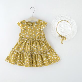 Peuter Baby Taart Rok Jurk + Strooien Hoed Kids Meisjes Mouwloze Gebloemde Jurk Hoed Outfits Meisjes Verjaardag Elegante Prinses Jurk khaki / 5T