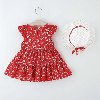 Peuter Baby Taart Rok Jurk + Strooien Hoed Kids Meisjes Mouwloze Gebloemde Jurk Hoed Outfits Meisjes Verjaardag Elegante Prinses Jurk rood / 6T