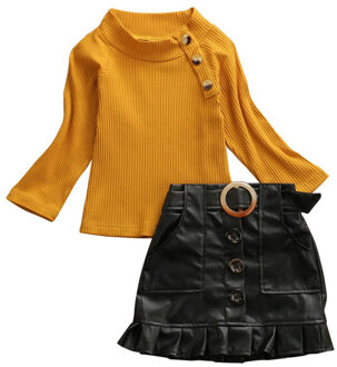 Peuter Kids Baby Meisjes Kleding Lange Mouw Trui Tops Button PU Leather Ruches Rokken 2pc Kinderen Meisjes Outfits 12m