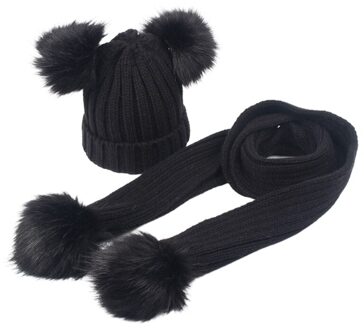 Peuter Kids Winter Warm Pom Pom Oren Tricot Beanie Hat Met Lange Sjaal Set X7YA zwart