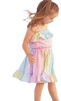 Peuter Kinderen Meisje Jurk Zomer Sling Regenboog Stiksels Prinses Jurk Одежда Для Новорождëных Детская Одежда Девочки 130