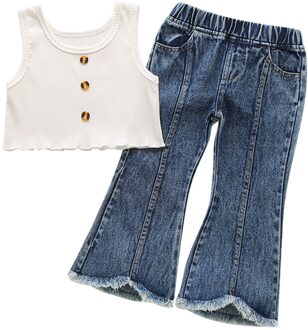Peuter Little Zomer Outfits, baby Meisje Effen Kleur Ronde Hals Knop Tank Top + Gerafelde Zoom Pocket Flared Jeans 18M-6T 24M