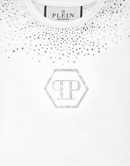 Philipp Plein Cropped T-Shirt Strass Round Neck Ss Hexagon - maat 16J / 176cm Wit
