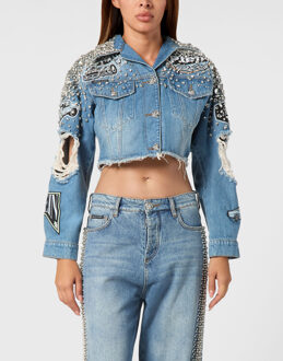 Philipp Plein Denim Cropped Jacket Ls Stones Cars Racing Grijs