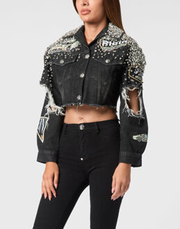 Philipp Plein Denim Cropped Jacket Ls Stones Cars Racing - maat M Blauw