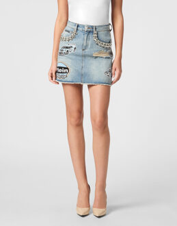 Philipp Plein Denim Mini Skirt Stones Cars Racing Grijs