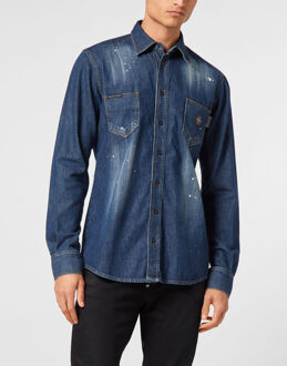 Philipp Plein Denim Shirt Skull&Bones Blauw