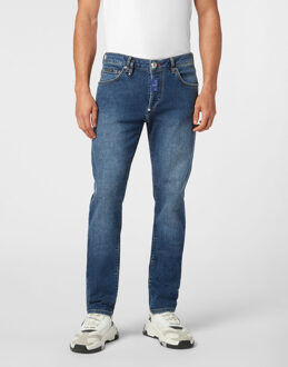 Philipp Plein Denim Super Straight Cut Fit Trousers Hexagon Blauw - 32 (Taille)