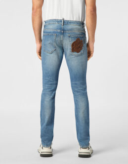 Philipp Plein Denim Trousers Super Straight Cut 5 Pockets Signature Blauw