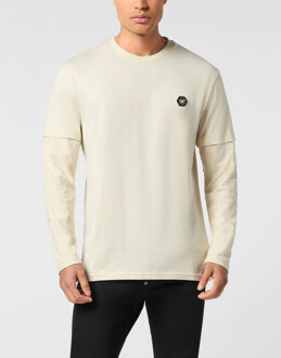Philipp Plein Double-Sleeved Longsleeve T-Shirt Jacquard Crest - maat L Beige