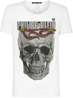 Philipp Plein Flame T-shirt met kristallen schedelprint Philipp Plein , White , Heren - 2Xl,Xl,M,S
