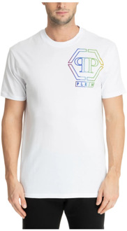 Philipp Plein Gestreept T-shirt met Logo en Strass Details Philipp Plein , White , Heren - Xl,M,S