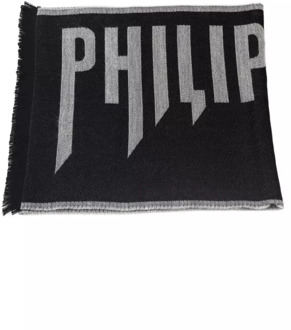 Philipp Plein Grijze Wollen Sjaal met Logo Philipp Plein , Black , Heren - ONE Size