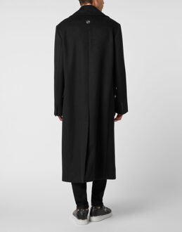 Philipp Plein Herringbone Wool Double Breasted Long Coat - maat 52 (Borst) Zwart