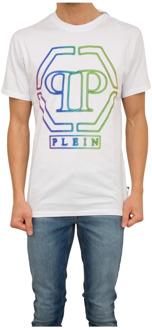Philipp Plein Hexagon Geborduurd T-shirt Ronde Hals Philipp Plein , White , Heren - Xl,L,M,S