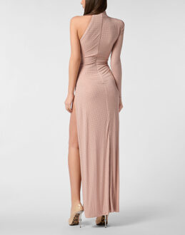 Philipp Plein Jersey Long Dress Mono Sleeve Strass Huidkleurig