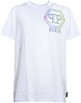 Philipp Plein Klassiek Katoenen Jersey T-shirt met Multicolor Logo Philipp Plein , White , Heren - Xl,M,S