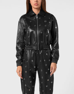 Philipp Plein Leather Eyelet Bomber Jacket Ls Zwart