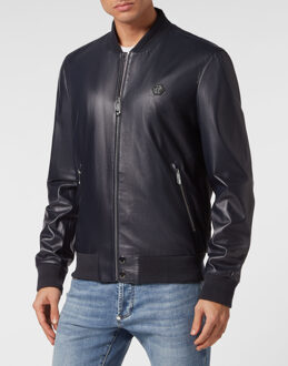Philipp Plein Leren Bomber - maat L Donkerblauw
