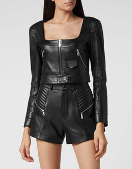 Philipp Plein Leren Jas - maat S Zwart