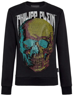 Philipp Plein LS Skull Zwart Sweatshirt met Handtekeningontwerp Philipp Plein , Black , Heren - 2Xl,Xl,L,M,S