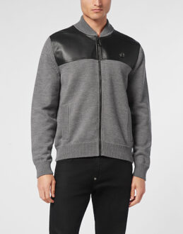 Philipp Plein Merino Wool Leather Bomber Skull&Bones Zwart/Donkergrijs